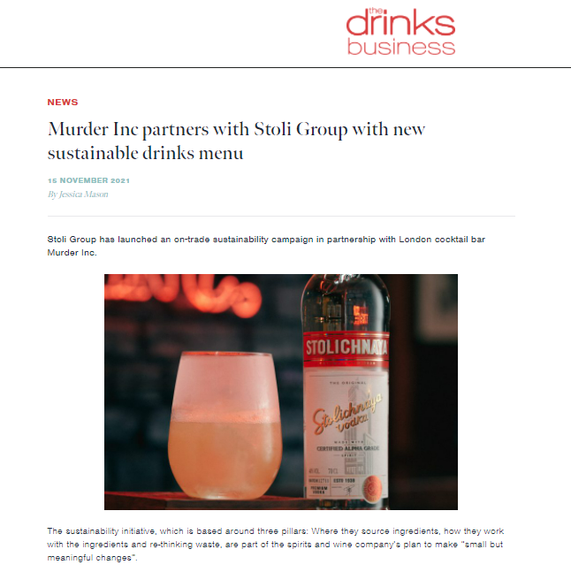 The Drinks Business covers the Sustainability With Stoli, which The Cocktail Service created the digital marketing campaign for
