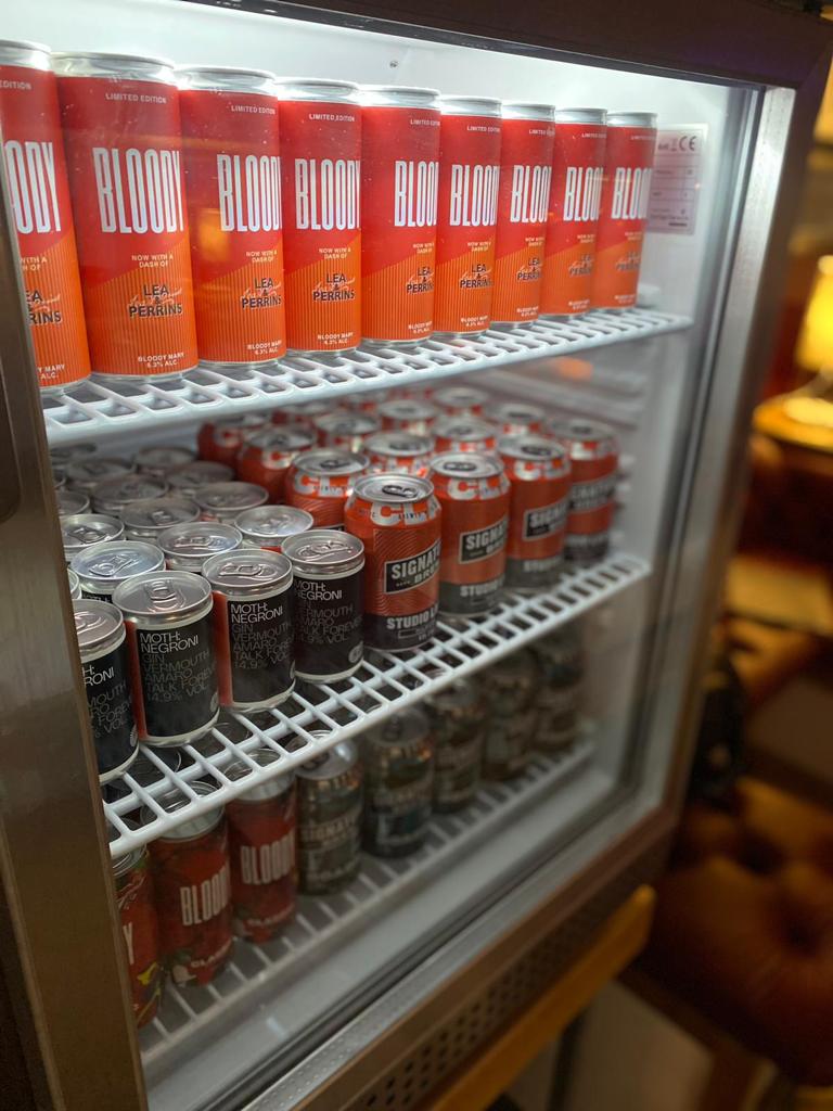 Bloody Drink cans in a fridge at the Covent Garden London brand activation