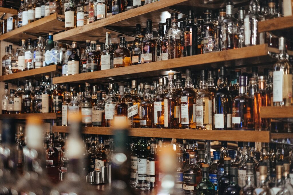 Shelves of Bourbon and premium spirits