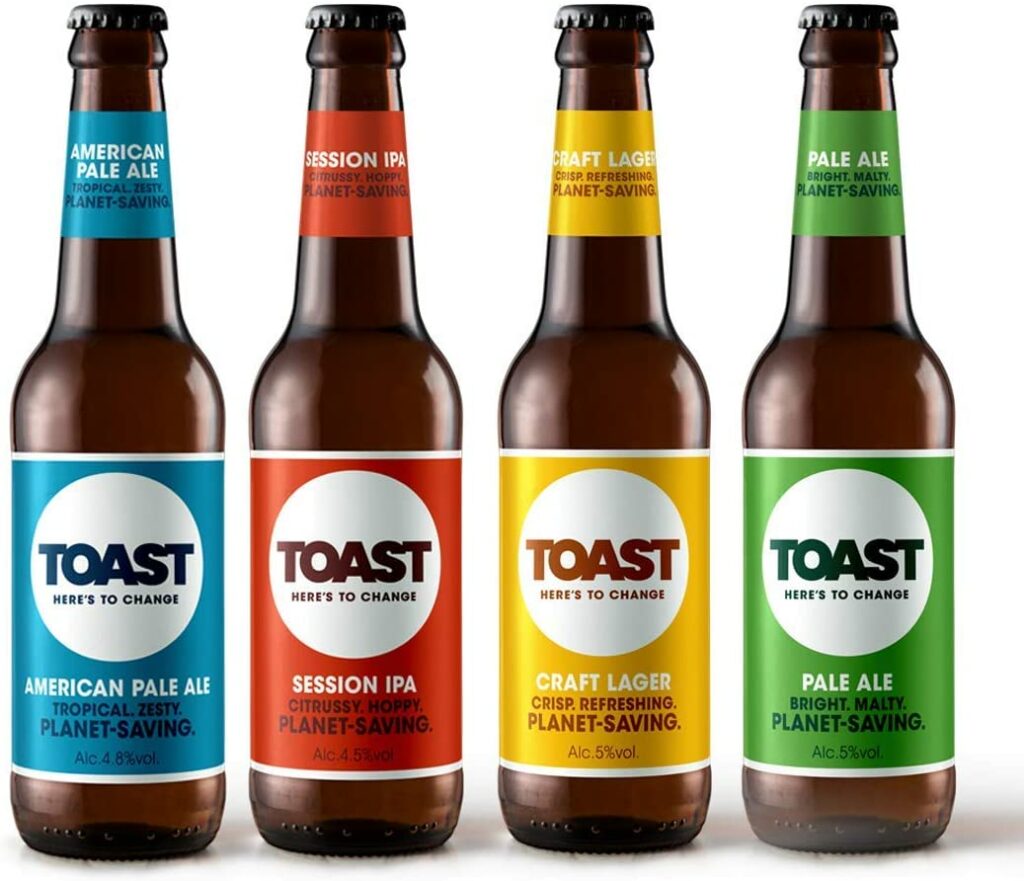 Toast Ale bottles, including beer made with recycled ingredients