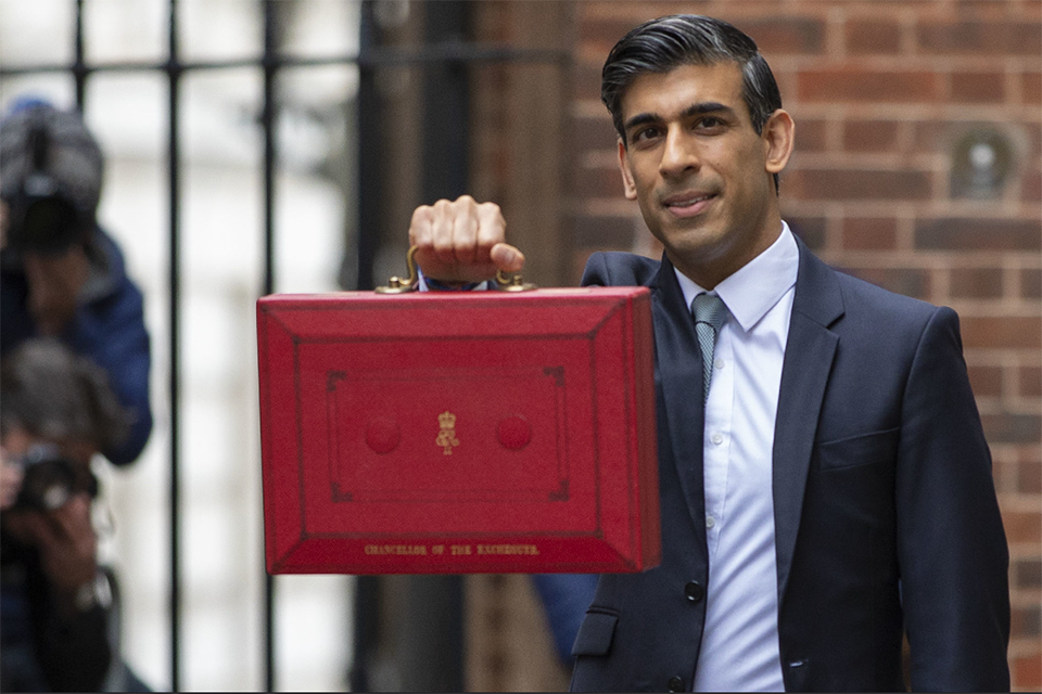 Chancellor Rishi Sunak holds the Treasury Red Box on Budget Day