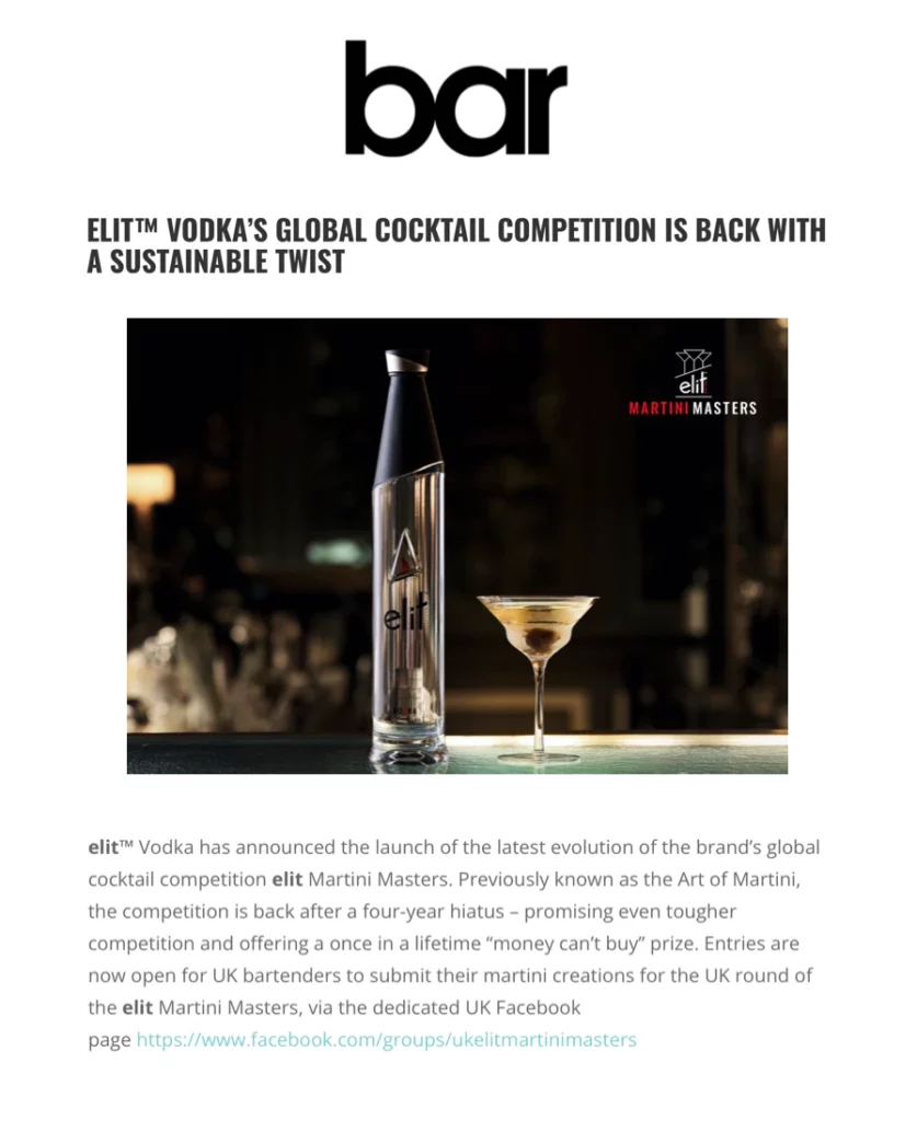 Bar Magazine Coverage of the Elit Martini Masters cocktail competition